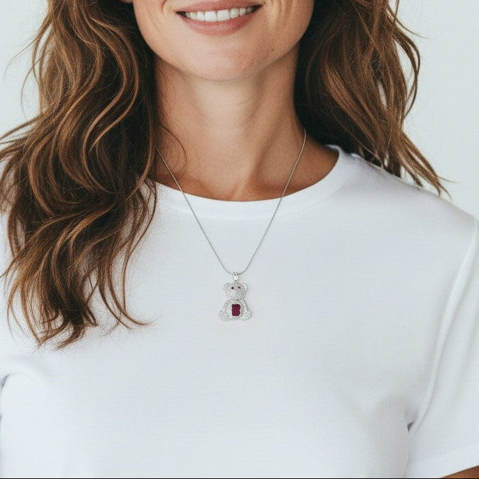 Sterling Silver CZ White and Pink Teddy Bear Pendant