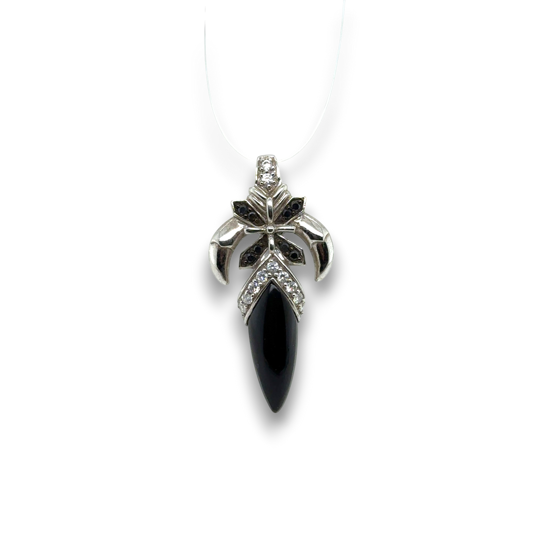 Sterling Silver Gothic Fleur De-Lis Black Agate Pendant