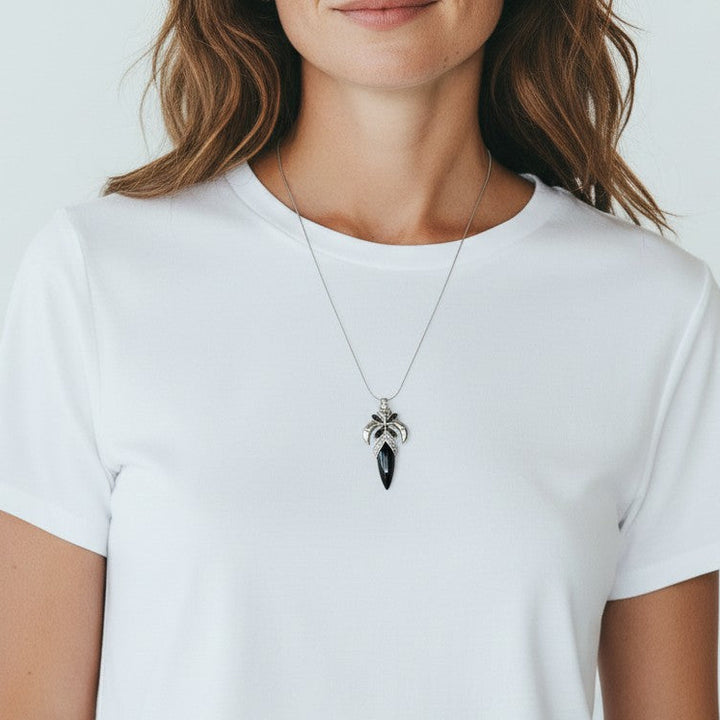 Sterling Silver Gothic Fleur De-Lis Black Agate Pendant