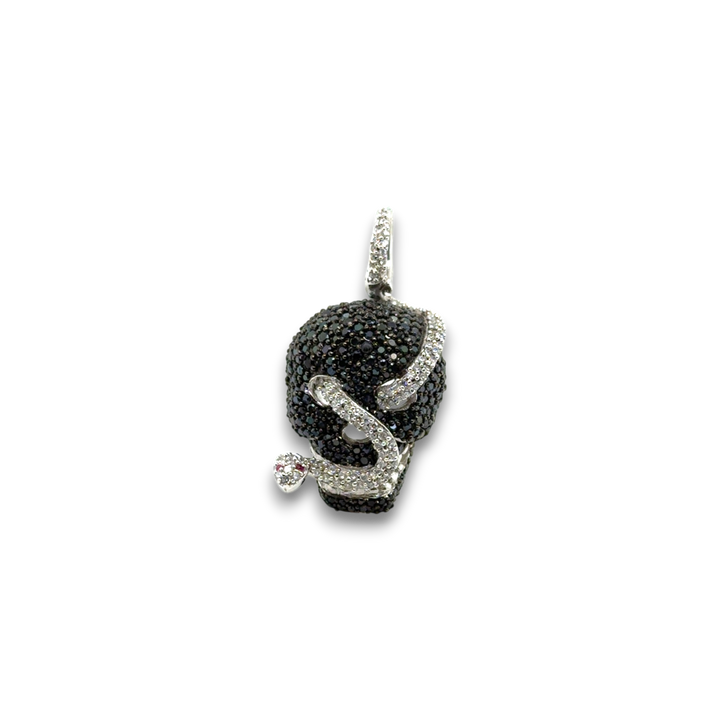 Sterling Silver Black &amp; White Skull With Snake Pendant