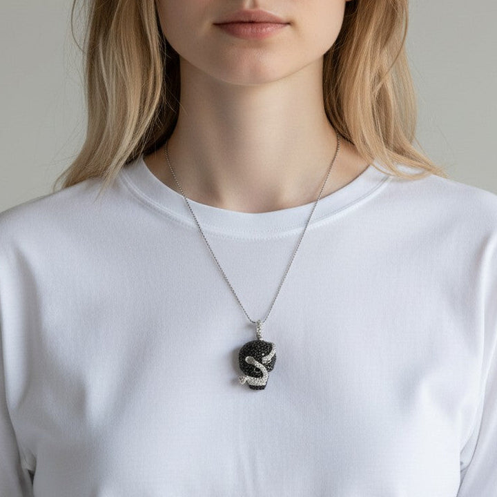 Sterling Silver Black &amp; White Skull With Snake Pendant