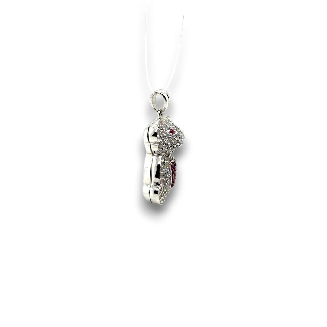 Sterling Silver CZ White and Pink Teddy Bear Pendant