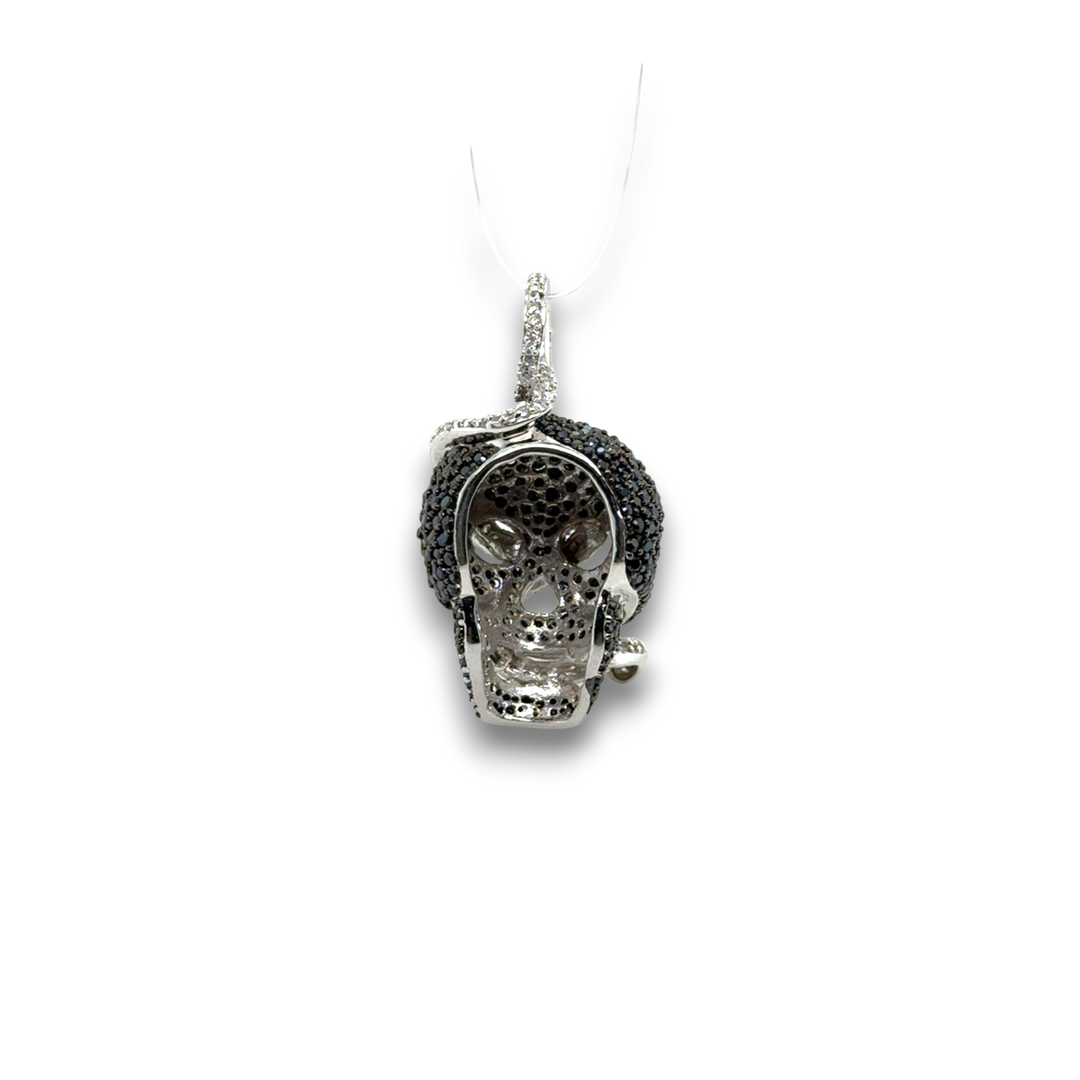 Sterling Silver Black &amp; White Skull With Snake Pendant