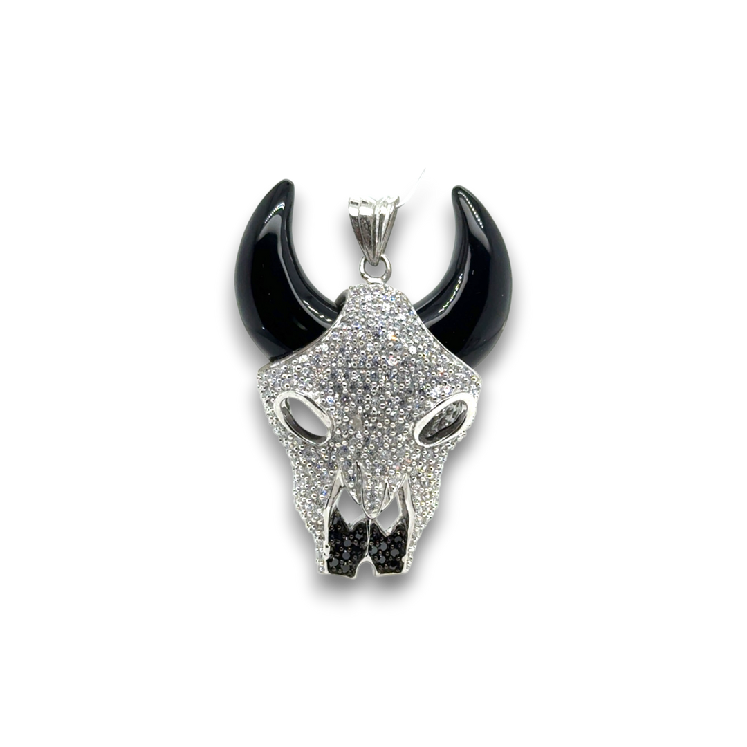 Sterling Silver Black Agate CZ Large Bull Pendant