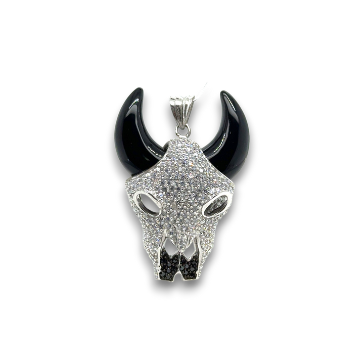 Sterling Silver Black Agate CZ Large Bull Pendant