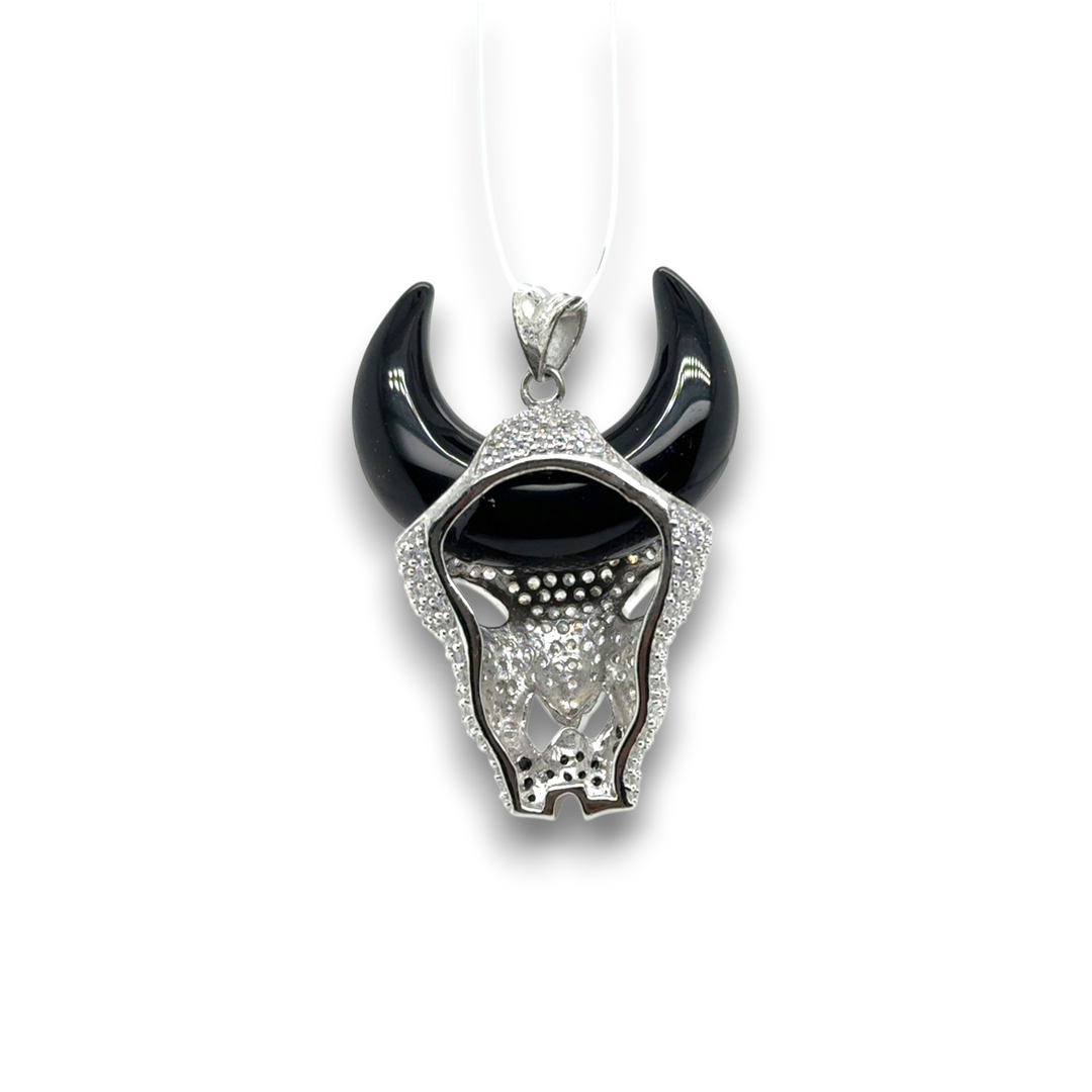 Sterling Silver Black Agate CZ Large Bull Pendant