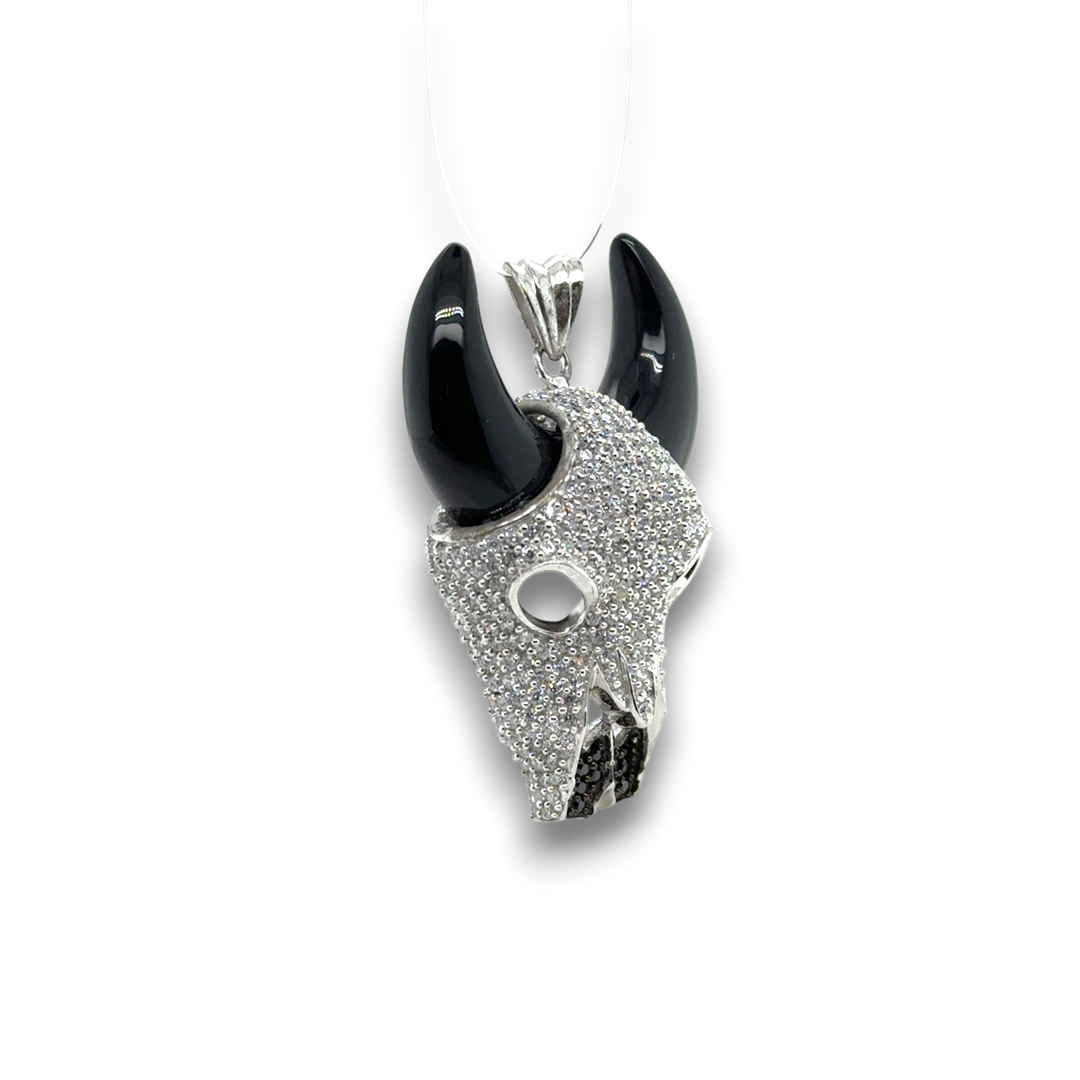 Sterling Silver Black Agate CZ Large Bull Pendant