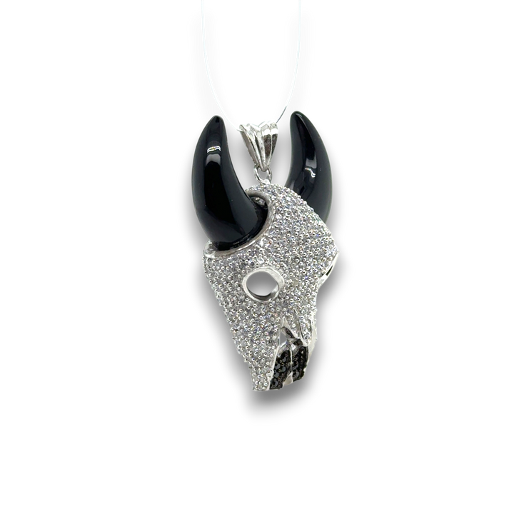 Sterling Silver Black Agate CZ Large Bull Pendant