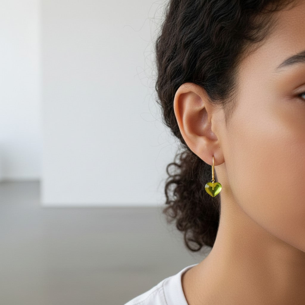 Gold Plated Green Amber Heart Drop Earrings
