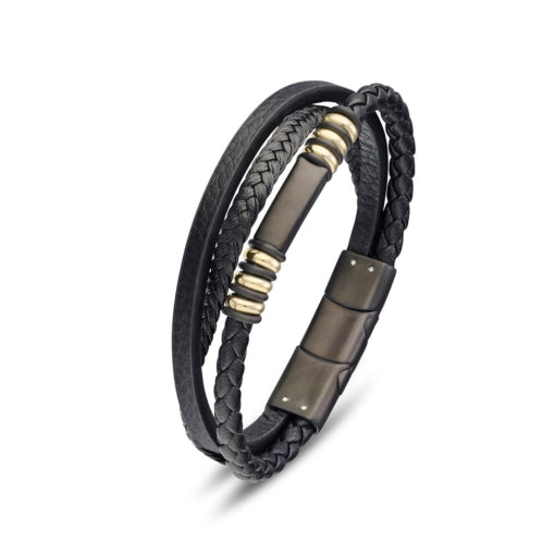 BLAZE Leather Stainless Steel Multi-Strand Black & Gold Bracelet