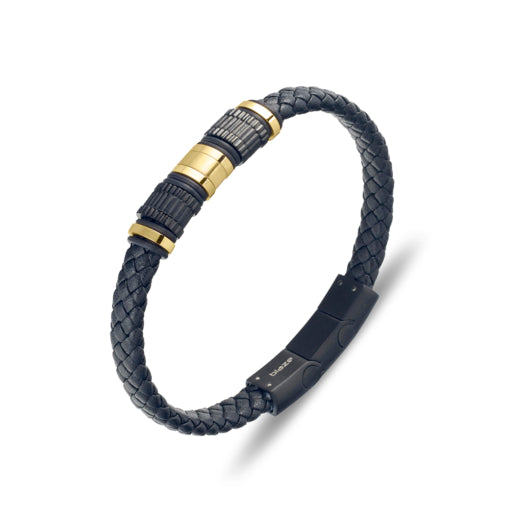 BLAZE Black Leather &amp; Gold Stainless Steel Bracelet