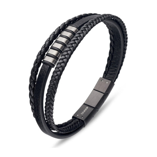 BLAZE Multi-Strand Black Leather &amp; Stainless Steel Bracelet