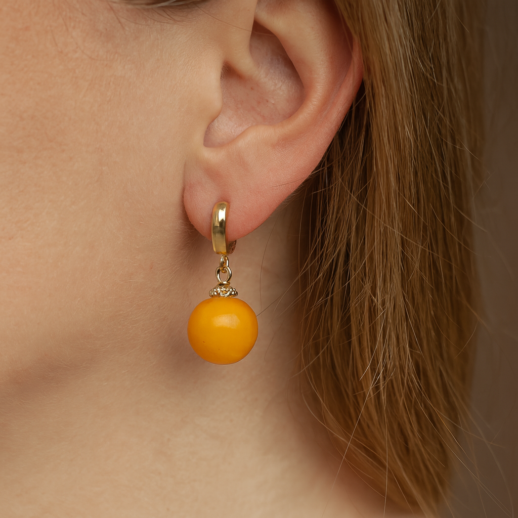 Gold Plated Yellow Baltic Amber Drop Ball Earrings