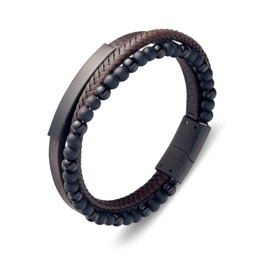 BLAZE Brown Leather Stainless Steel Multi-Strand Beaded Bracelet