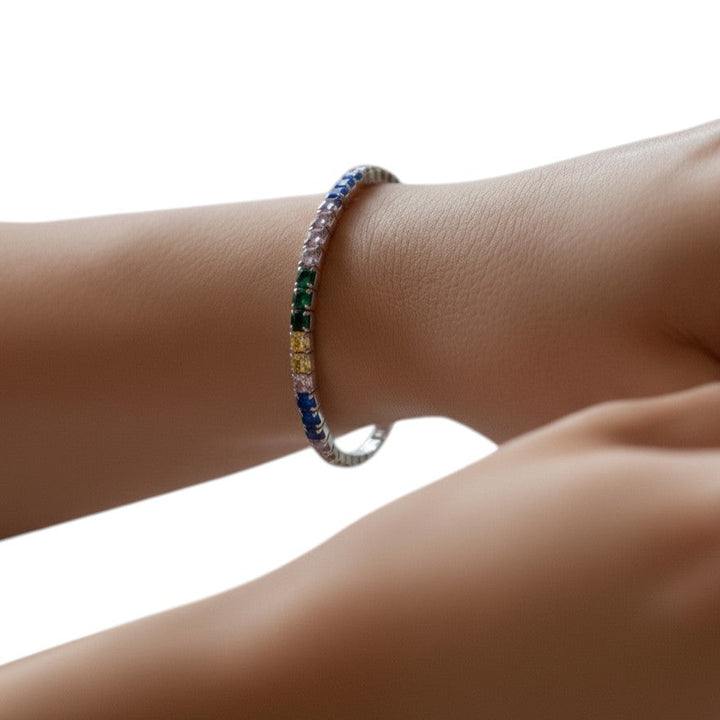 B &amp; S Lyncris Jewellers sterling silver tennis bracelet with colourful cubic zirconia stones, 3mm width, stretch fit.