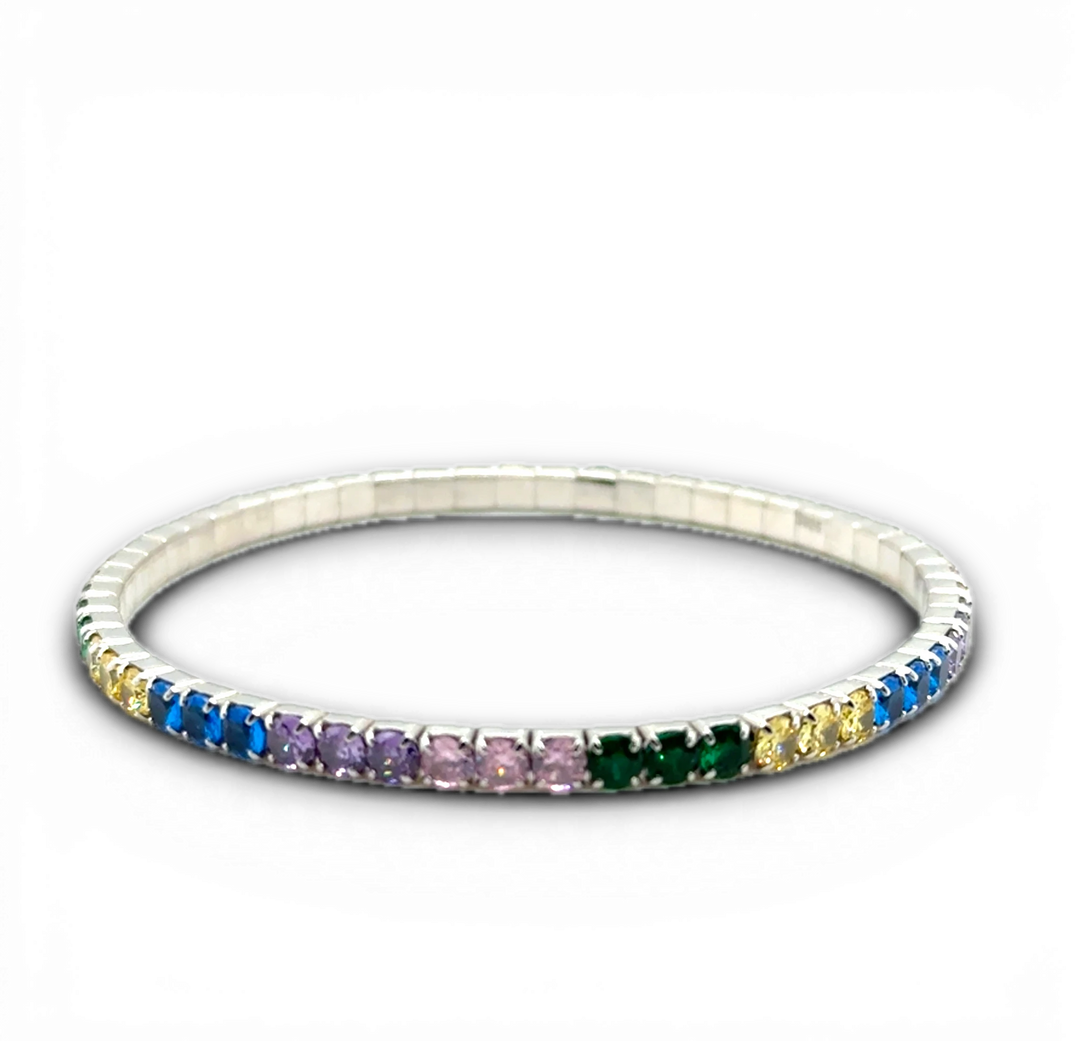 B &amp; S Lyncris Jewellers sterling silver stretch bracelet with colourful cubic zirconia stones in blue, purple, pink, green, and yellow.