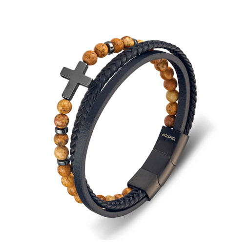BLAZE Black Leather Brown Beaded Multi-Strand Cross Bracelet