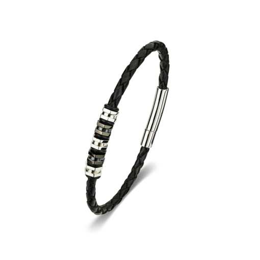 BLAZE Leather Stainless Steel Black Bracelet With Beads