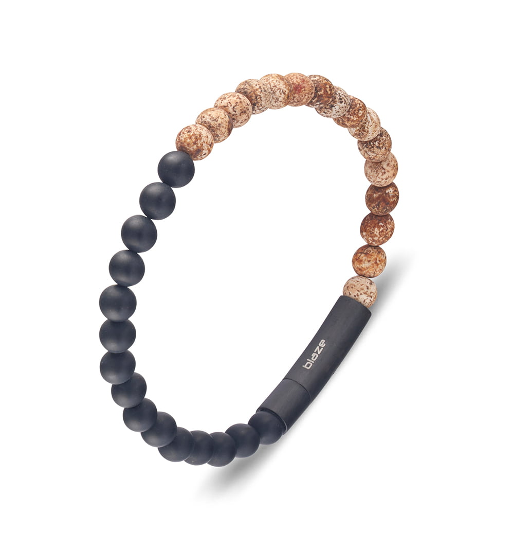 BLAZE Matte Wood & Black Beaded Bracelet Matte Black Clasp - B & S Lyncris Jewellers
