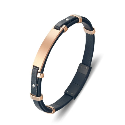BLAZE Black Leather Rose Gold Stainless Steel Bracelet