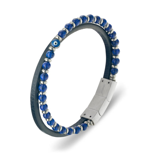 BLAZE Black Leather Blue Beaded Nazar Evil Eye Bracelet
