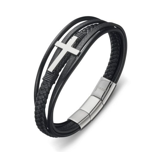 BLAZE Black Leather Multi-Strand Cross Bracelet