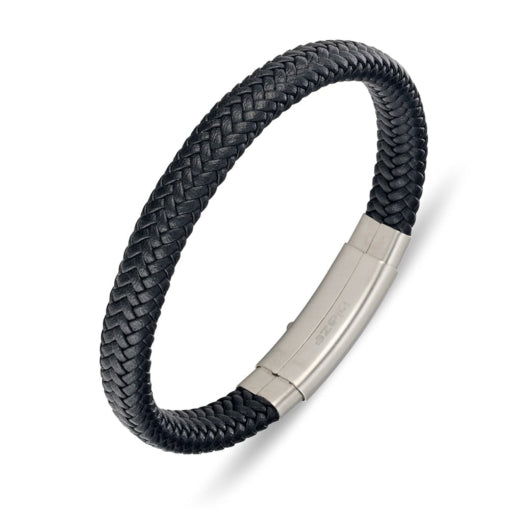 BLAZE Leather Stainless Steel Braided Bracelet Black Matte Silver