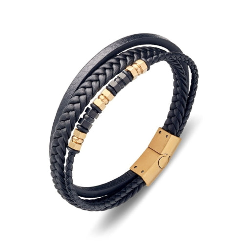 BLAZE Leather Stainless Steel Multi-Strand Black & Gold Bracelet