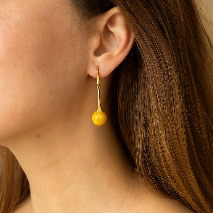Gold Plated Yellow Baltic Amber Drop Ball Earrings