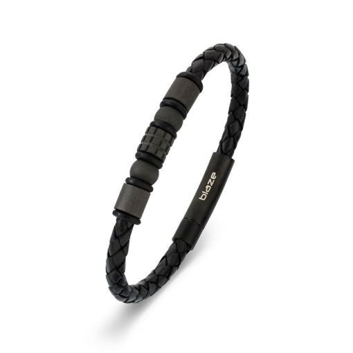 BLAZE Leather Stainless Steel Beaded Bracelet Matte Black