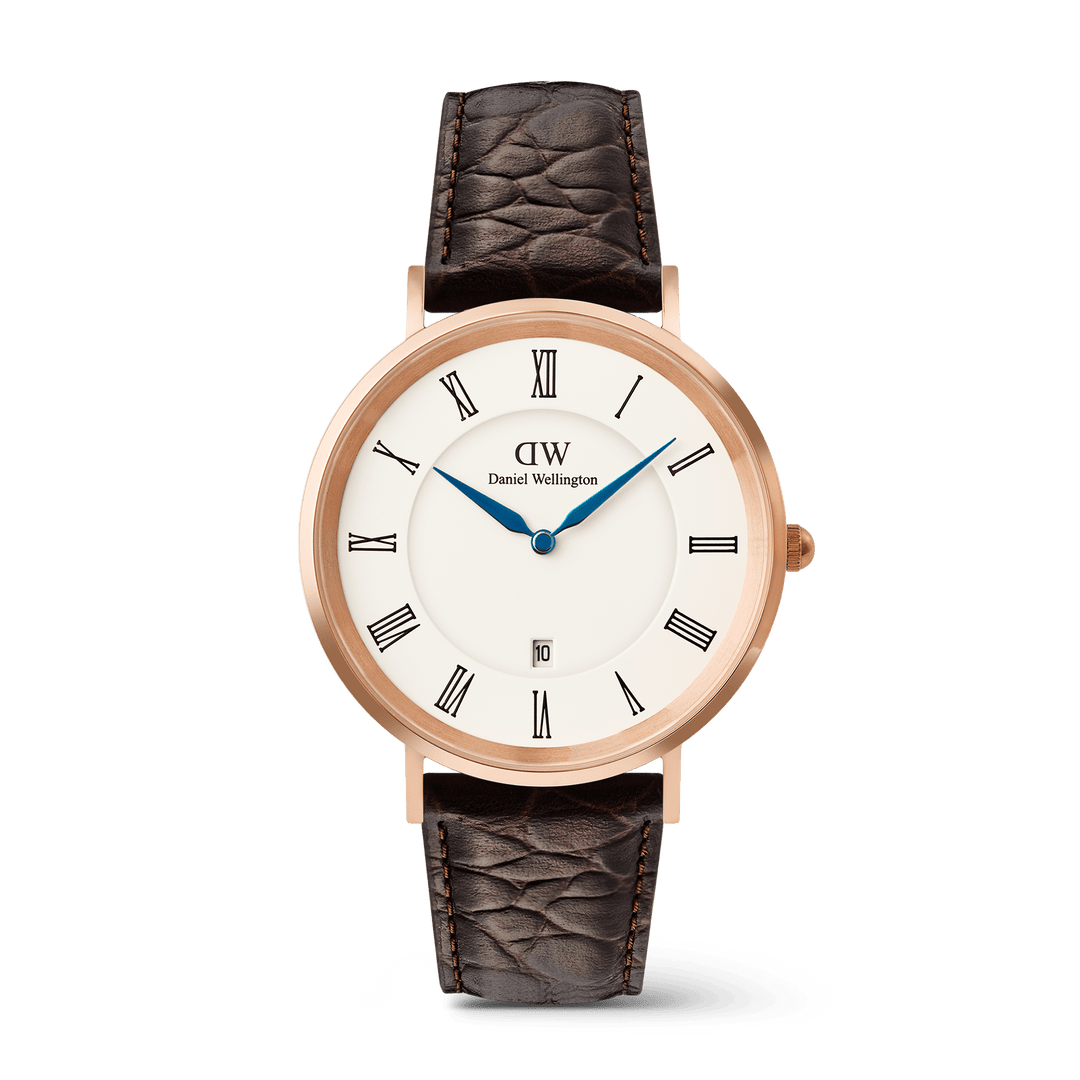 Daniel Wellington Classic Roman Numerals Date Dark Brown Croc Belly Rose Gold - B &amp; S Lyncris Jewellers