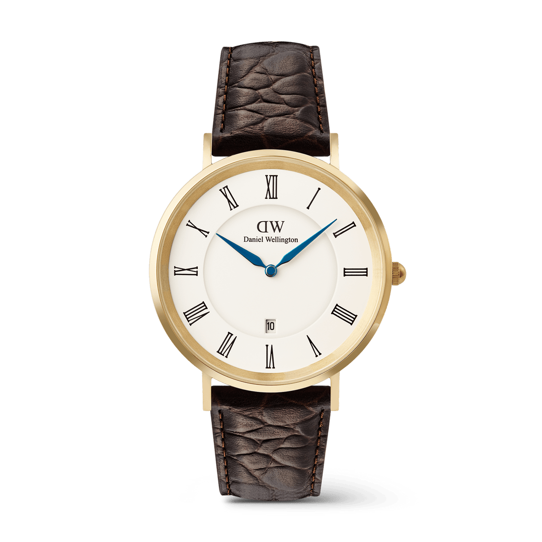Daniel Wellington Classic Roman Numerals Date Dark Brown Croc Belly Gold - B &amp; S Lyncris Jewellers