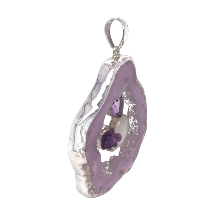 Sterling Silver Large Agate, Amethyst &amp; Rainbow Moonstone Pendant