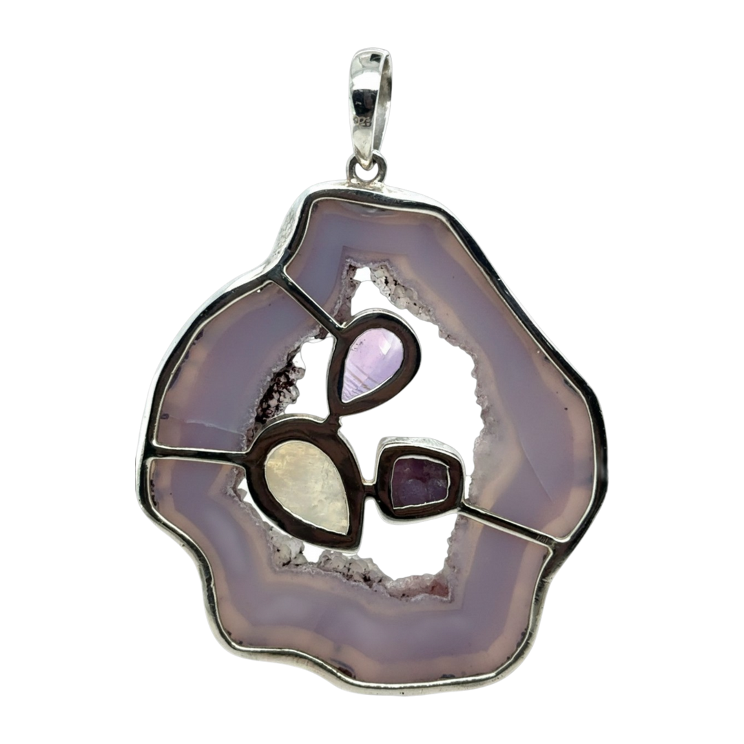 Sterling Silver Large Agate, Amethyst &amp; Rainbow Moonstone Pendant