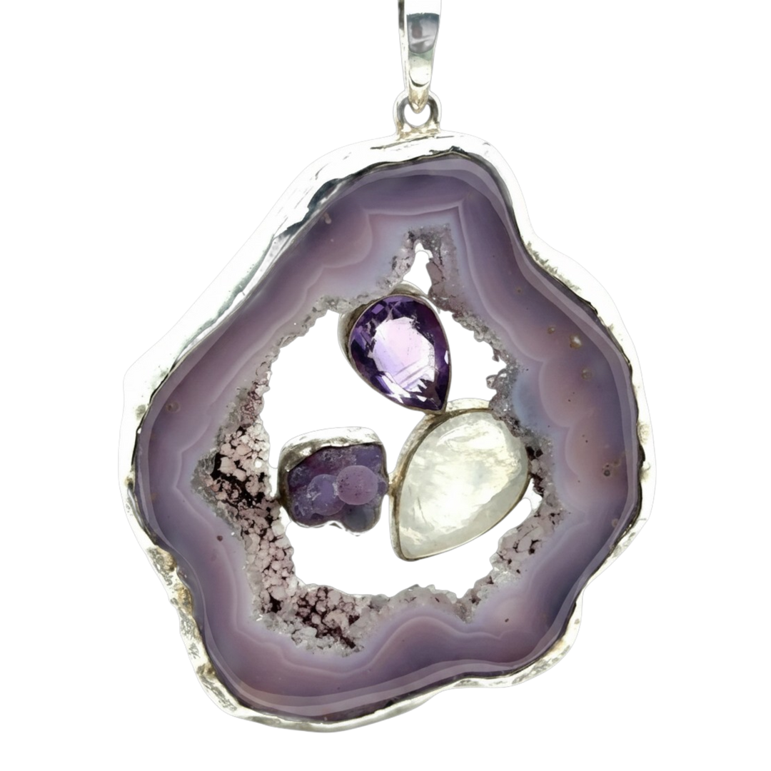 Sterling Silver Large Agate, Amethyst &amp; Rainbow Moonstone Pendant