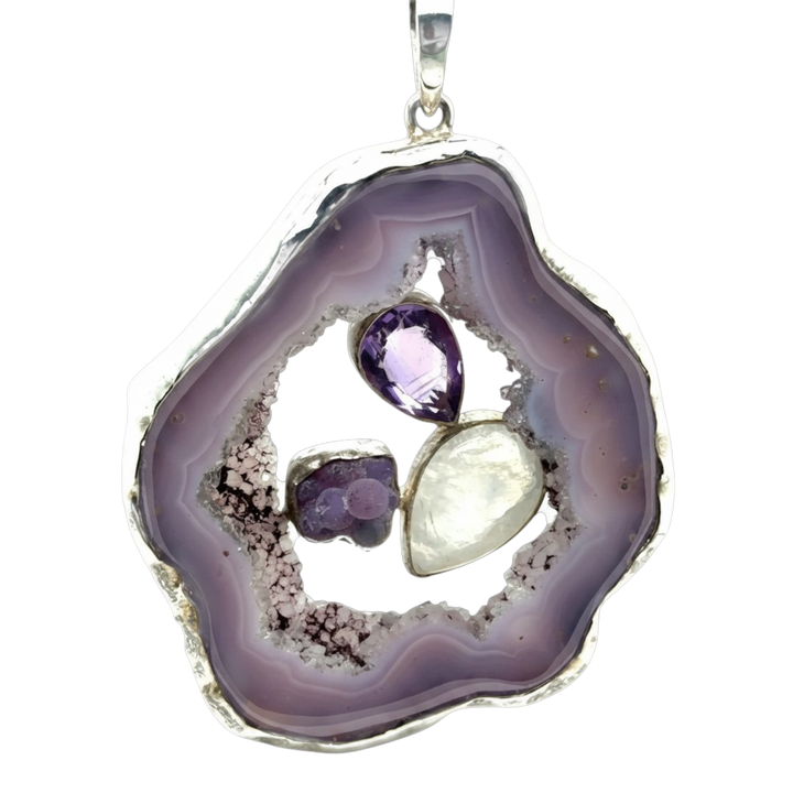 Sterling Silver Large Agate, Amethyst &amp; Rainbow Moonstone Pendant