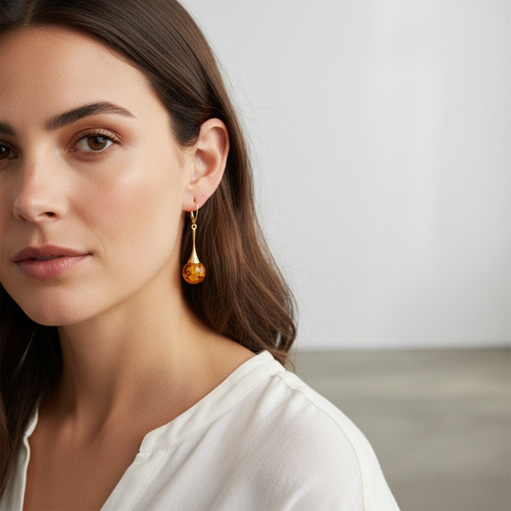 Gold Plated Long Baltic Amber Drop Earrings