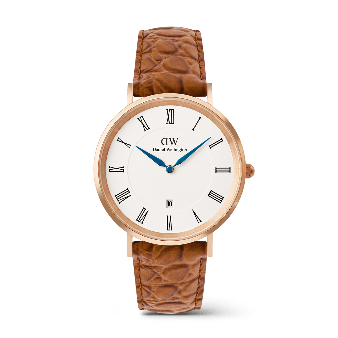 Daniel Wellington Classic Roman Numerals Date Light Brown Croc Belly Rose Gold - B &amp; S Lyncris Jewellers