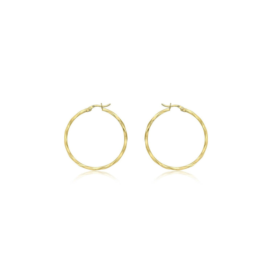 9K Yellow Gold 33mm Diamond Cut Faceted Hoop Creole Earrings