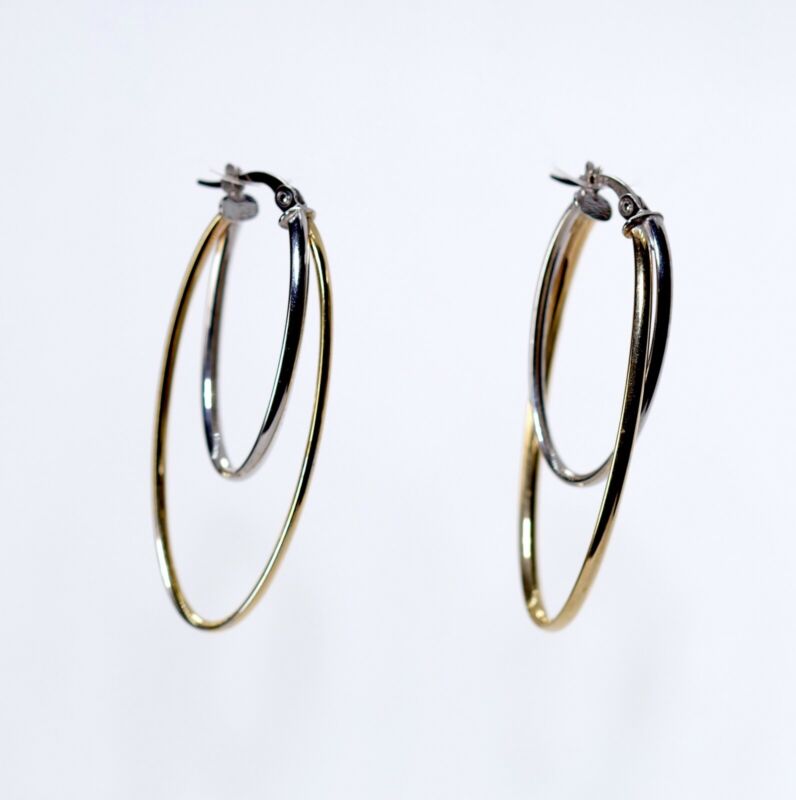 9ct Yellow & White Gold Long Hoop Earrings LJ9033
