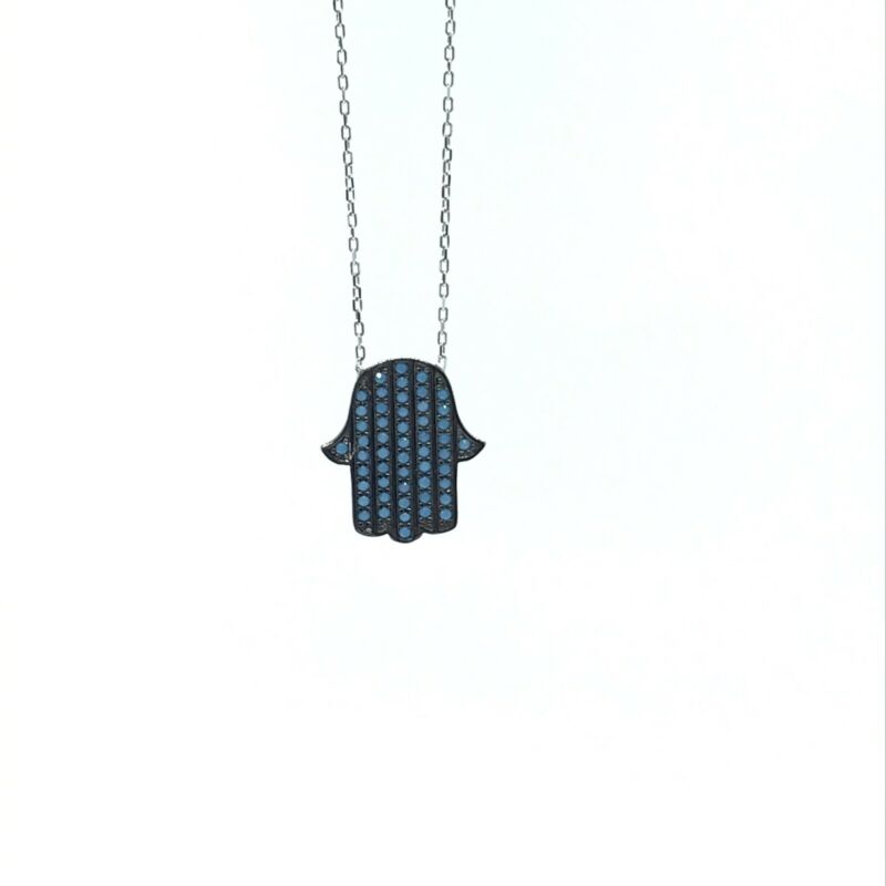 925 Sterling Silver Pave Set Turquoise Hand Of Fatima Nazar Necklace - Lyncris Jewellers