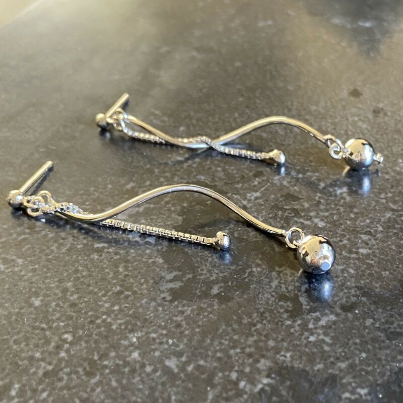 Sterling Silver Twisted Bar With Ball & Chain Drop Earrings LH8924