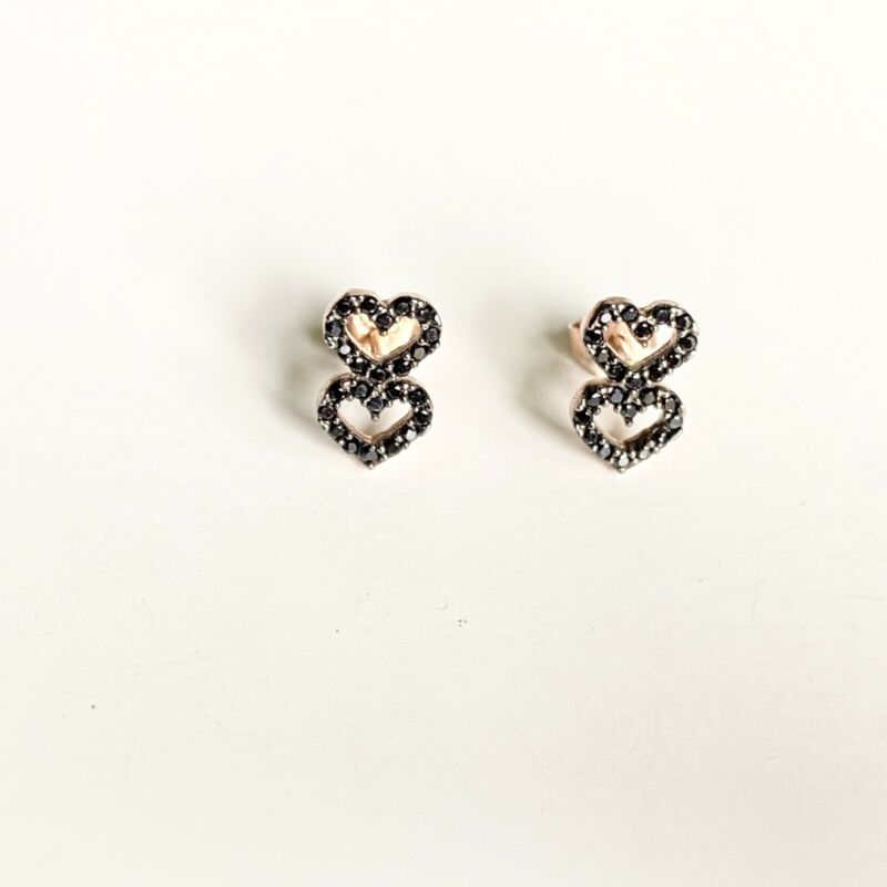 Rose Gold Plated Black CZ Two Hearts Stud Earrings LJ9831