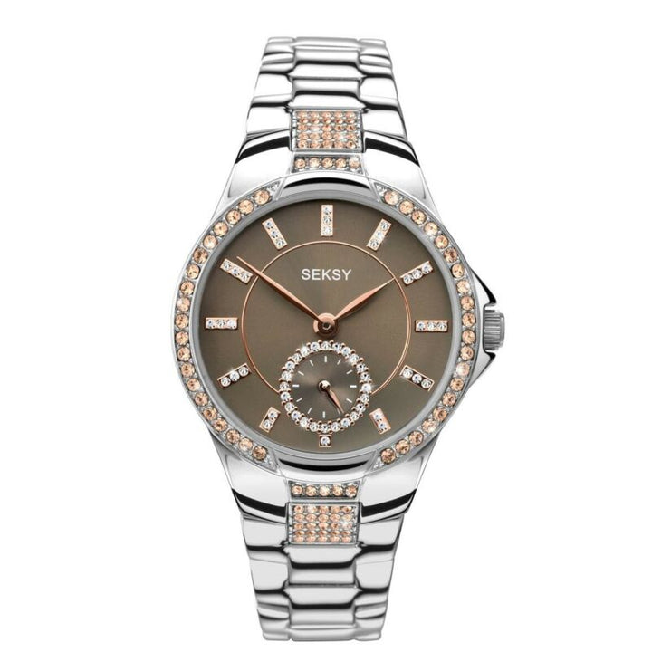 Sekonda Seksy Silver Watch With Pink Crystals & Brown Dial SK2182 - Lyncris Jewellers