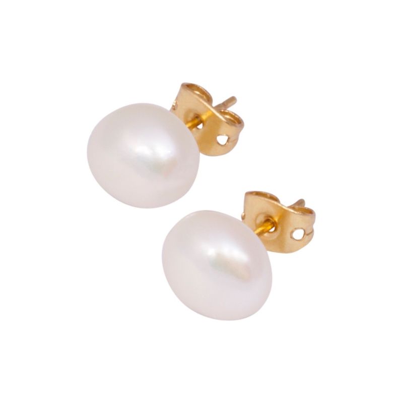 Gold Plated 8-9mm White Off-Round Freshwater Button Pearl Stud Earrings - Lyncris Jewellers