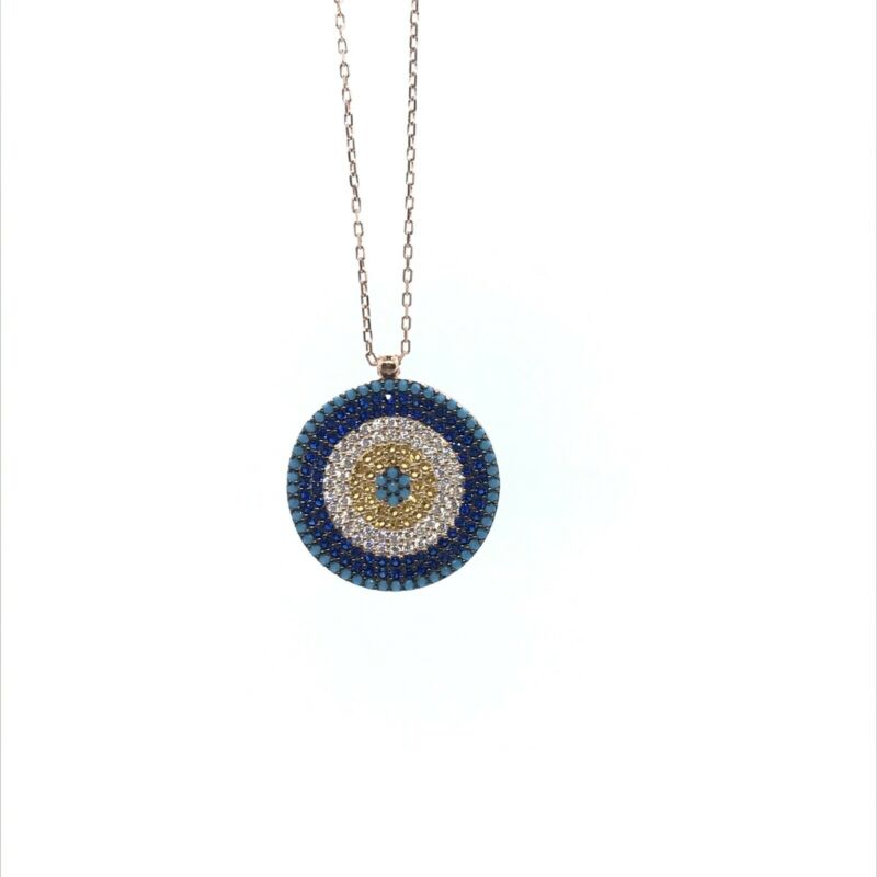 925 Rose Gold Plated Pave Set CZ Round Evil Eye Nazar Necklace - Lyncris Jewellers