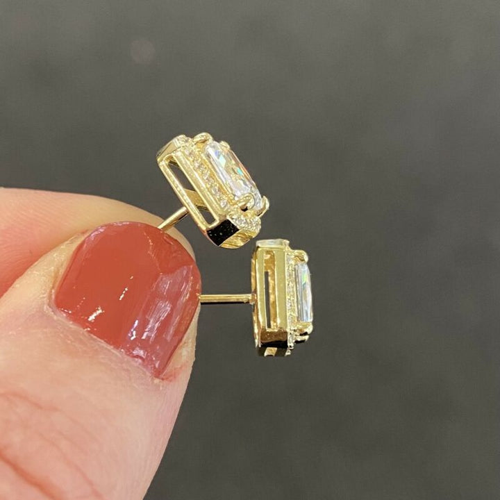 ELLANI Gold Emerald Cut Halo Stud Earrings E471G