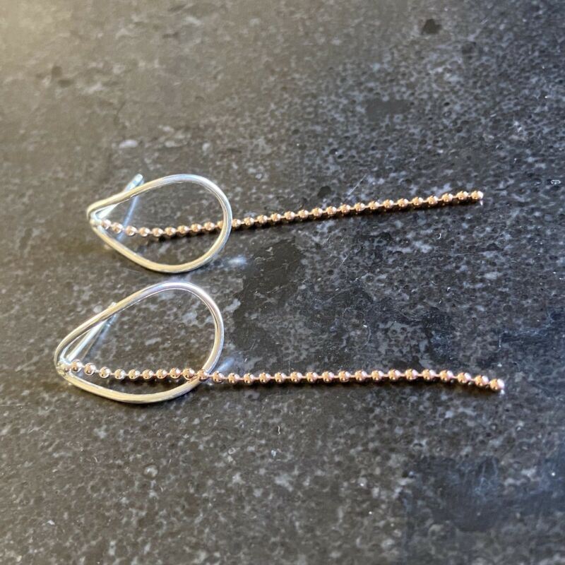 Sterling Silver Oval Stud Rose Gold Chain Drop Earrings LJ9929