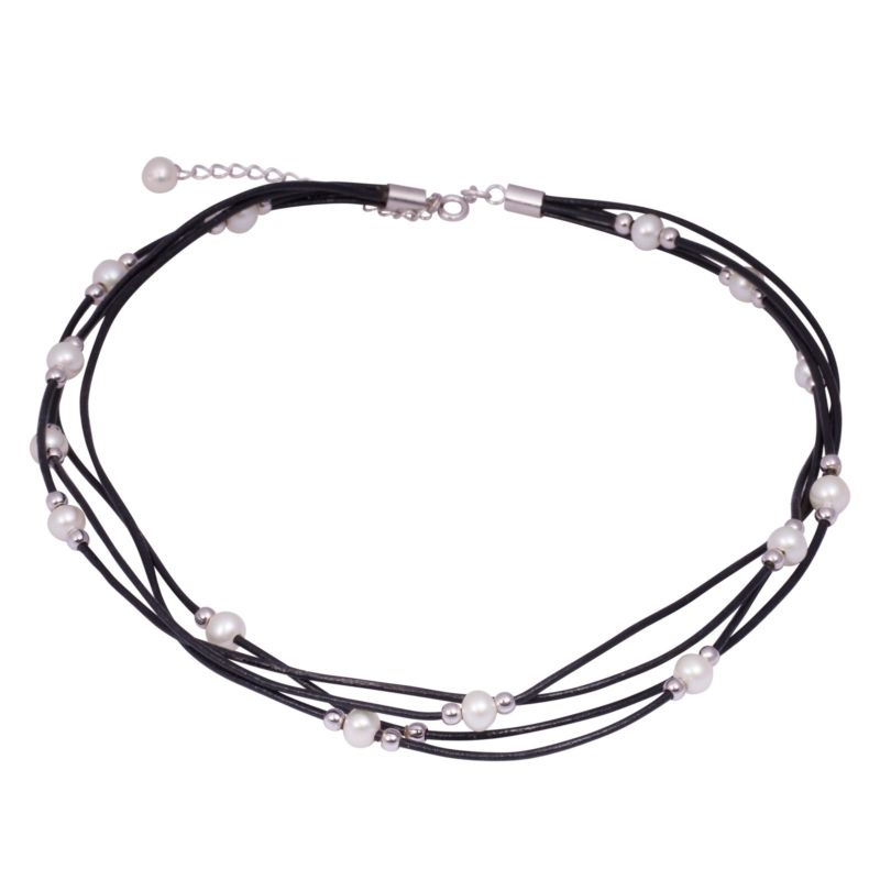 Black Leather 6-6.5mm White Freshwater Pearl Sterling Silver Necklace - Lyncris Jewellers