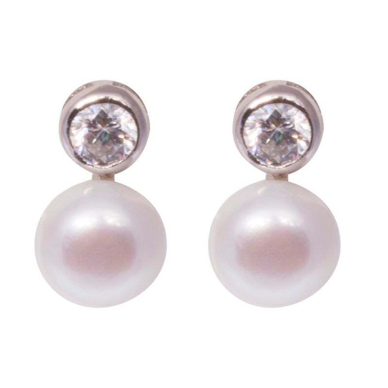 Sterling Silver 7.5mm White Freshwater Button Pearl & CZ Stud Earrings - Lyncris Jewellers